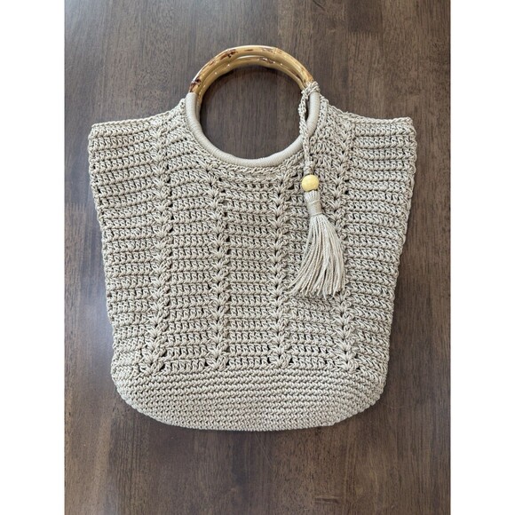 Studio Collection Women’s Bamboo Like Handles Beige Crochet Macrame Handbag Boho - Picture 1 of 6